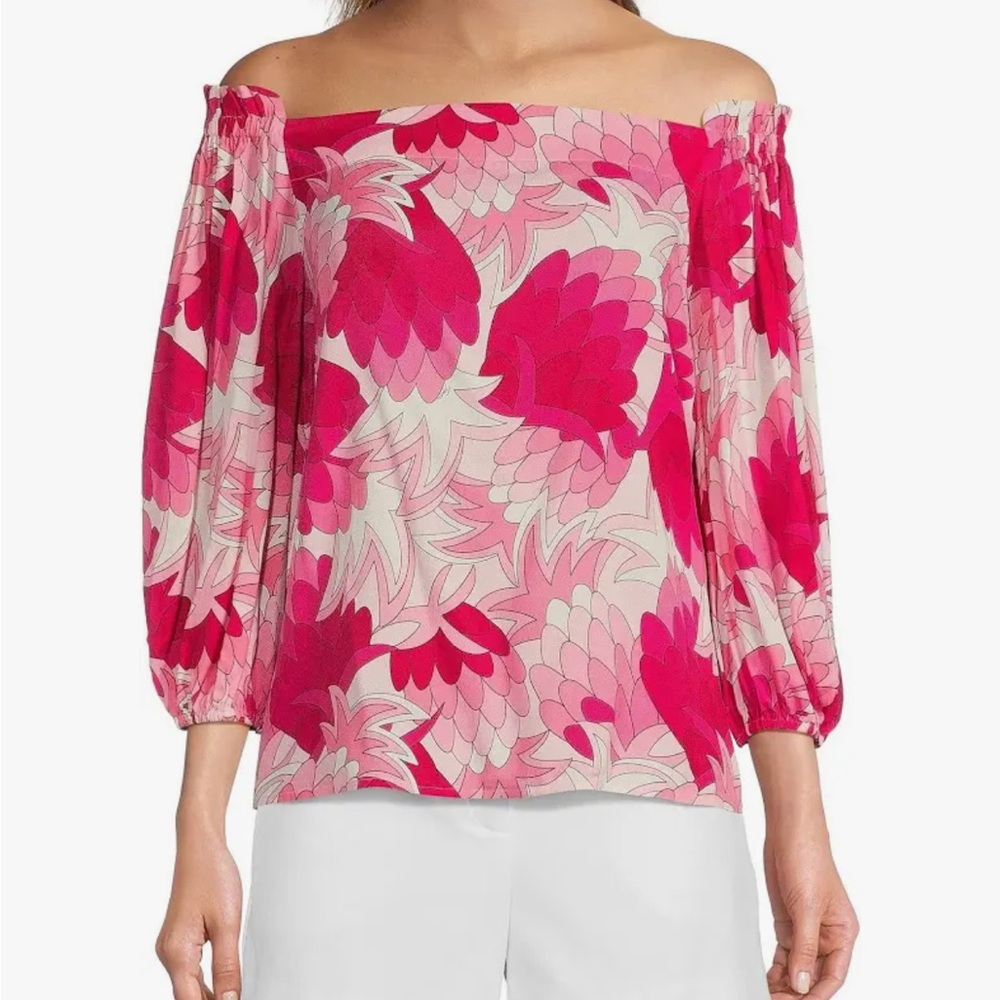 NWT Trina Turk Equinox 2 Off Shoulder  Top Flower Child Pink and Red Pattern - Picture 3 of 6